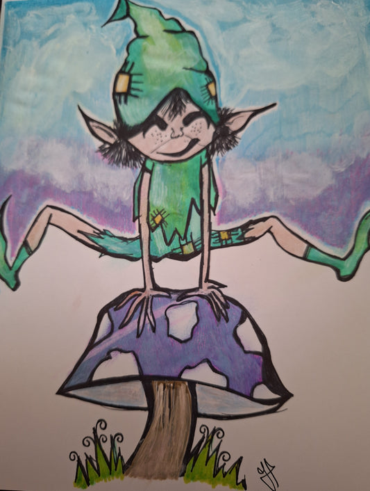 Whimsical Elf on Mushroom Artwork