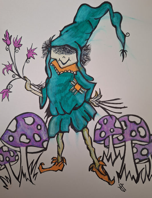 Turquoise Elf in Mushroom Garden Artwork with Magical Wand