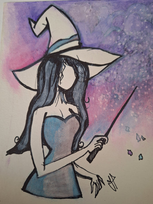 Personalized Witch Artwork with Acrylic Pen Clouds