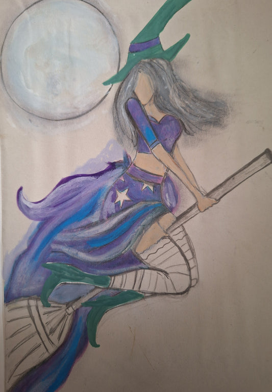 Moonlight Witch on Broomstick Artwork with Full Moon
