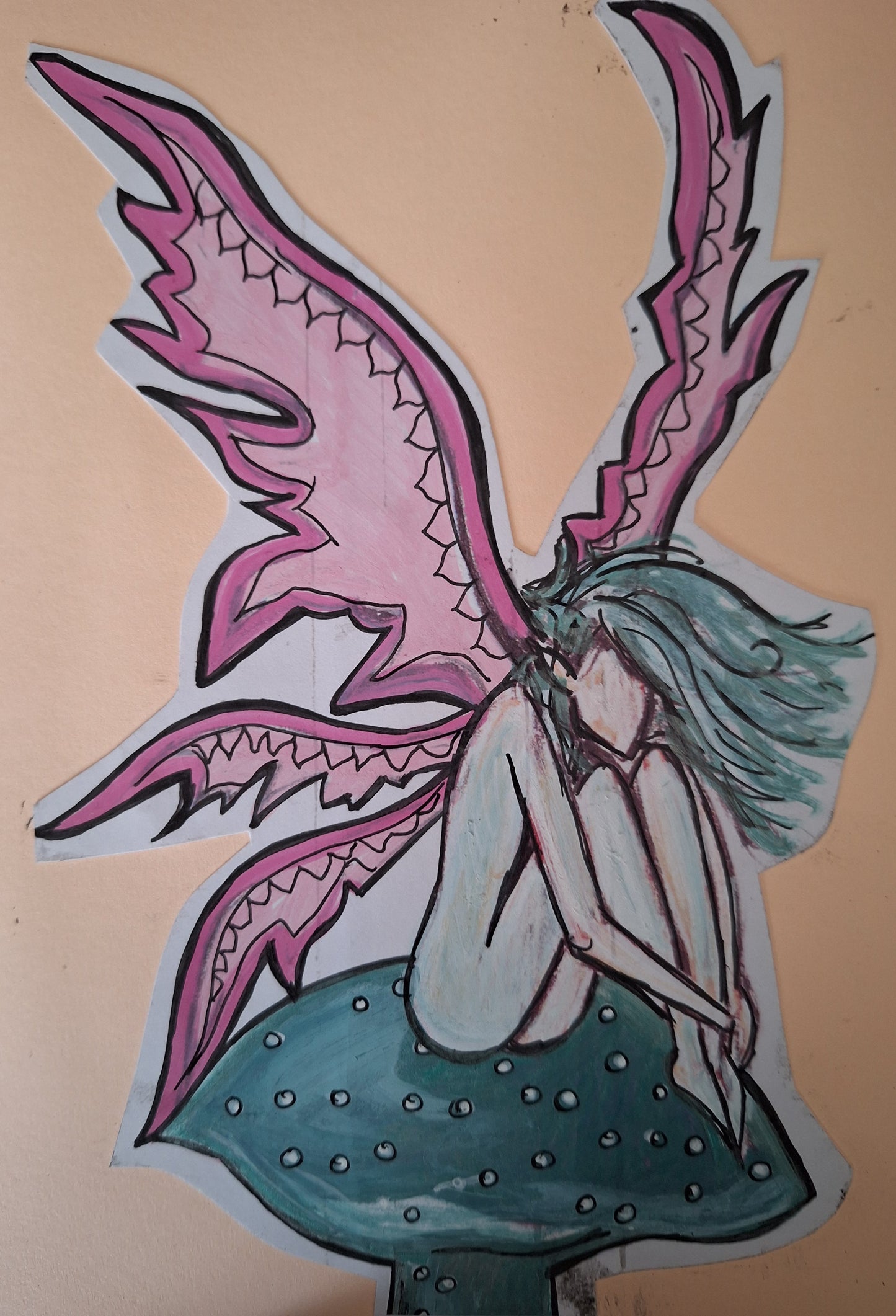 Enchanted Fairy on Mushroom Artwork with Pink Wings